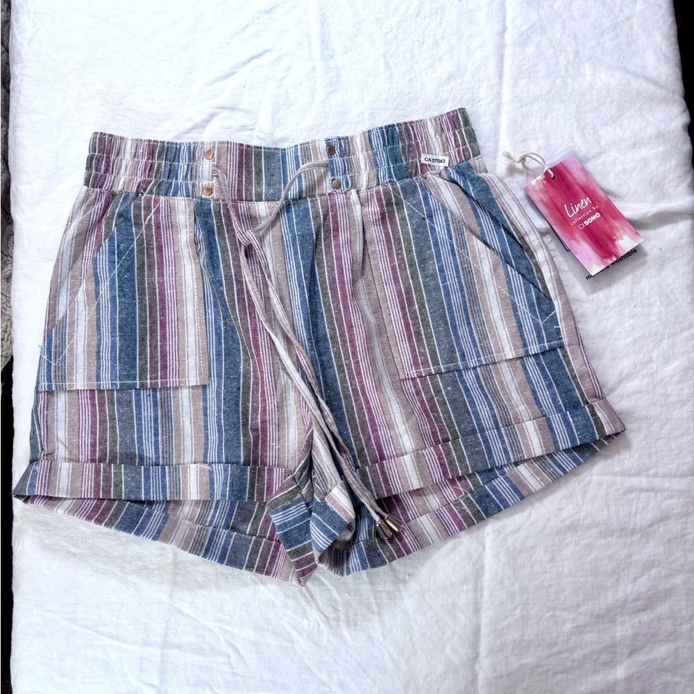 Ci Sono NWT Women’s Striped Linen Shorts Tie waist /Pockets Size Small